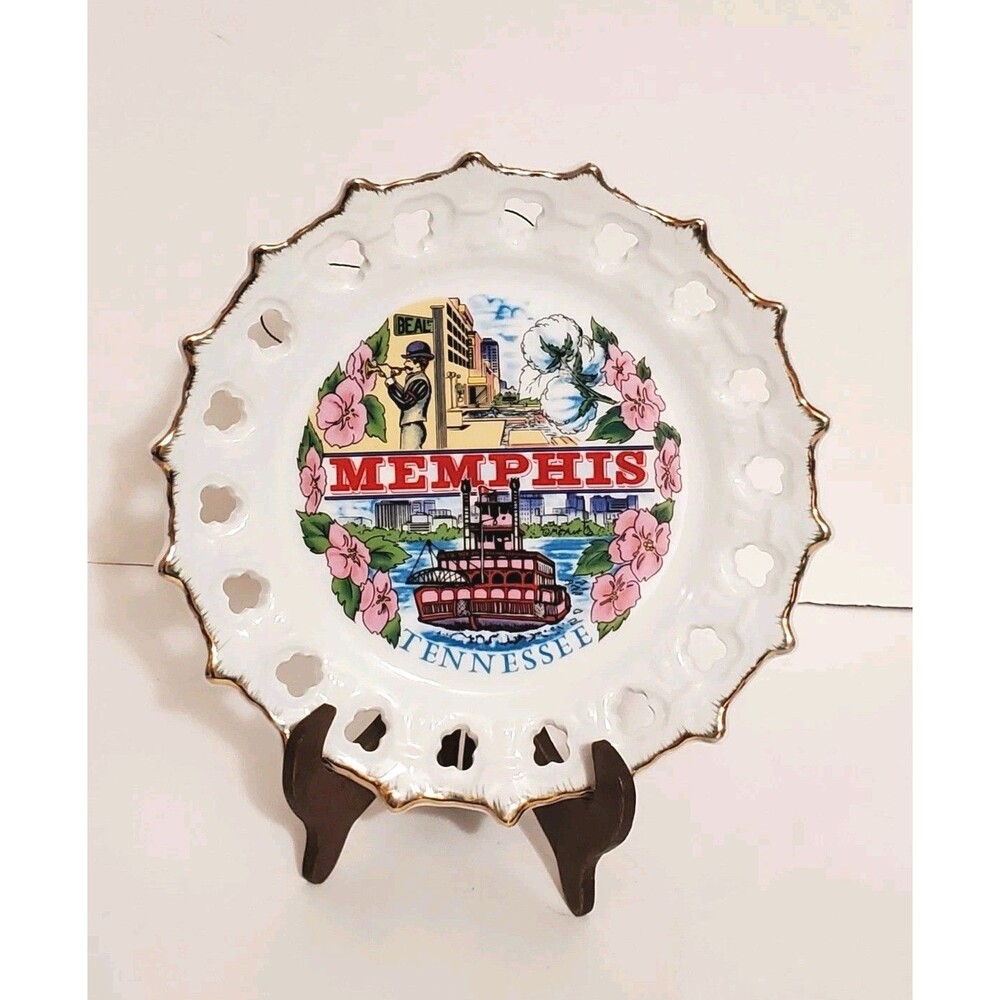 Memphis Tennessee Memorabilia Collector Plate Floral Design Scalloped Gold Rim